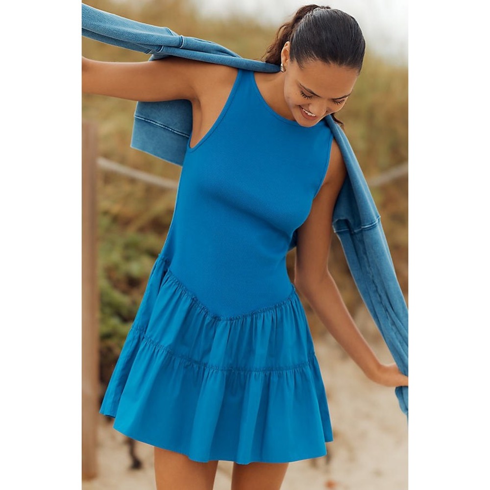 Daily Practice by Anthropologie Tiered Mini Dress Ribbed Mixed Media Blue Size M